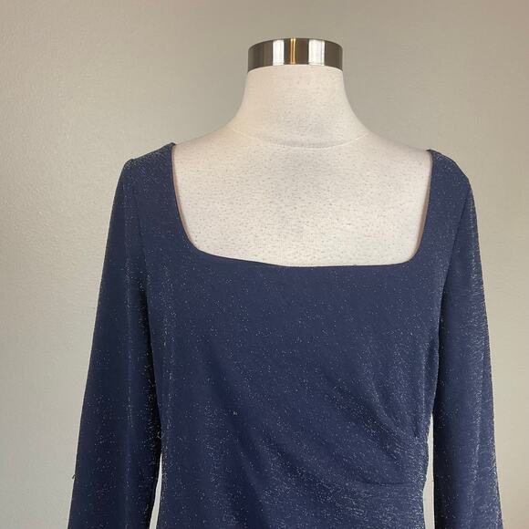 Adrianna Papell Long Sleeved Evening Gown Blue Metallic Size 8 Thigh Slit Formal - Picture 7 of 13